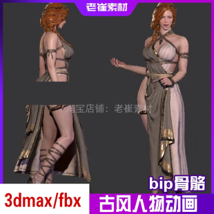 3dmax古风人物动画模型 fbx欧风古代女人 bip骨骼绑定动作素材