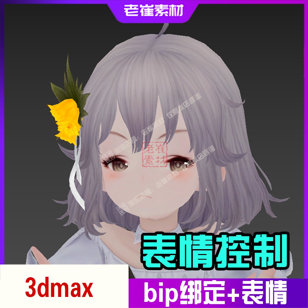 3dmax角色模型带bip骨骼绑定 表情动画控制器 二次元女孩人物素材