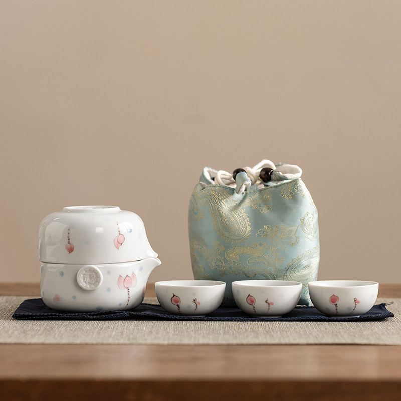 善简国风手绘釉下彩咏荷旅行茶具套装便携收纳户外随身携带泡茶壶,餐饮具,旅行茶具,淘宝优惠券,粉丝福利购,淘宝优惠卷