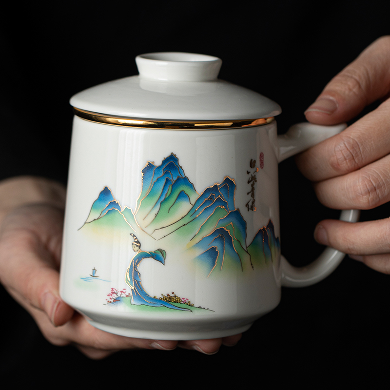 善简羊脂玉茶杯茶水分离带盖过滤家用办公室陶瓷个人杯水杯大容量