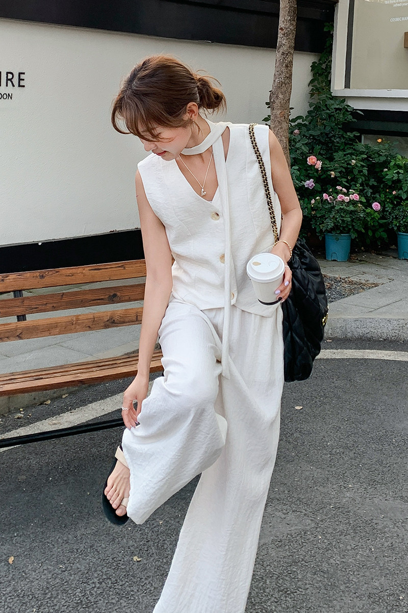 韩版白色西服套装女春夏装背心马甲宽松休闲老钱风阔腿时尚两件套,女装套装/套裙,2C259