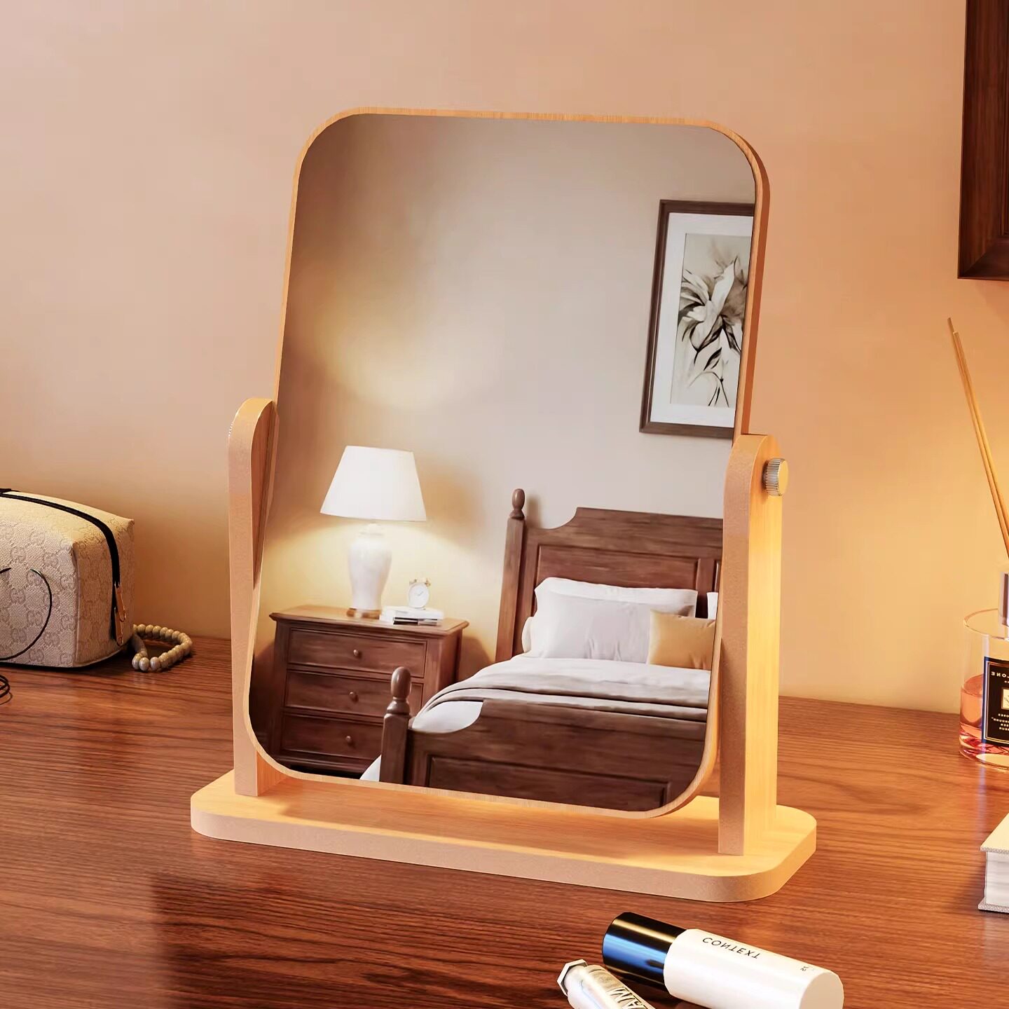 台式化妆镜旋转木质女生镜子简约家用学生宿舍随身桌面梳妆镜折叠