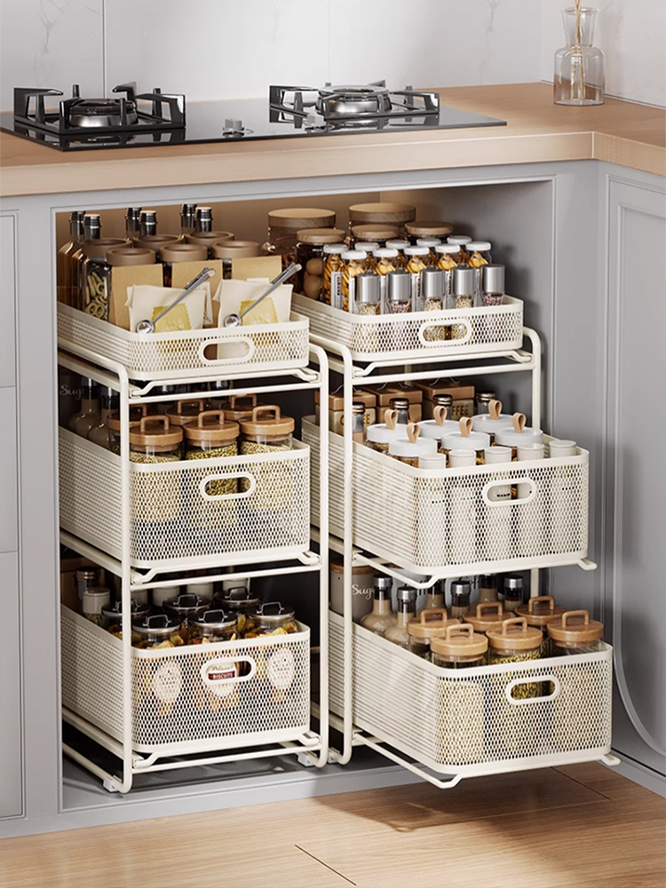 厨房下水槽置物架抽拉式水池下橱柜拉篮分层夹缝调料瓶罐收纳架子