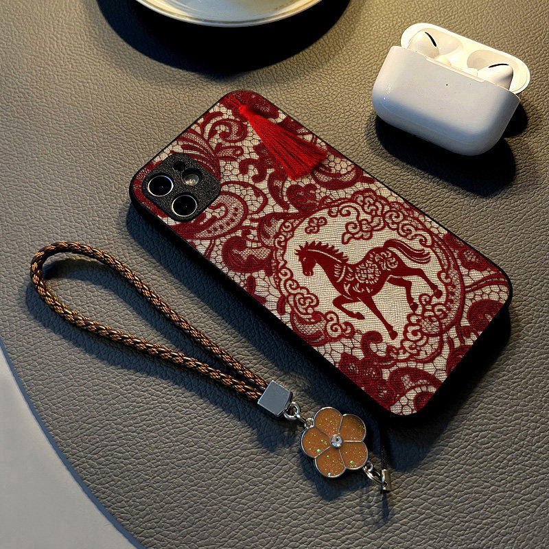马年红色蕾丝挂绳适用苹果17promax手机壳iPhoneAir