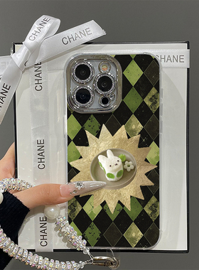 绿色米菲兔自带镜头膜闪粉适用苹果16promax手机壳15pro新款14plus高级感13女款硅胶全包防摔12带挂绳11羽纱