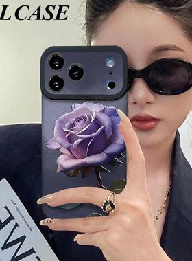 雾霾紫玫瑰挂绳适用苹果17promax手机壳iPhoneAir新款16pro女款15plus高级感14硅胶全包13大视窗12小羊皮11