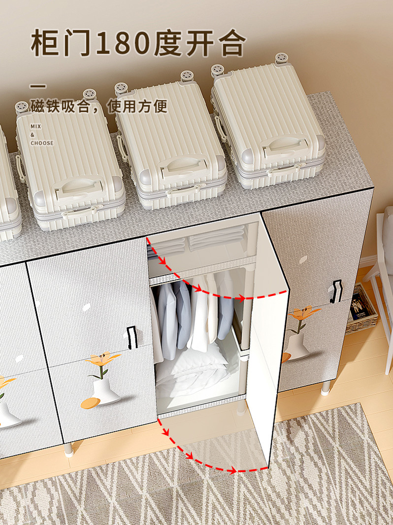 开门布衣柜钢管加厚加固简易衣柜加厚卧室出租房全钢户型大容量