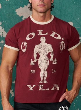 新款YOUNGLA联名GOLDSGYM短袖复古健身房男女T恤棉氨弹力修身上衣
