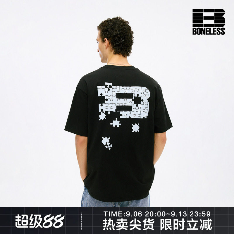 BONELESS后背趣味拼图印花美式体恤短袖重磅纯棉宽松休闲T恤上衣图片