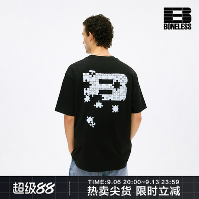 BONELESS后背趣味拼图印花美式体恤短袖重磅纯棉宽松休闲T恤上衣