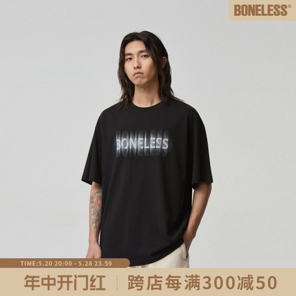 BONELESS虚化发泡logo印花宽松短袖潮流高街美式半袖T恤