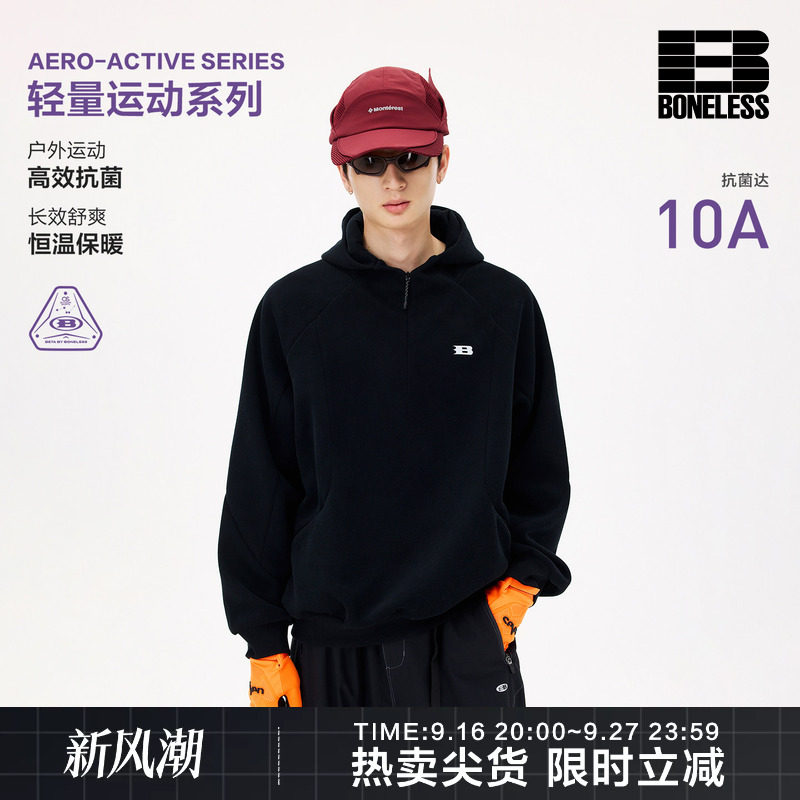 BONELESS结构插肩袖半拉链连帽卫衣反光标宽松休闲日常帽衫上衣图片