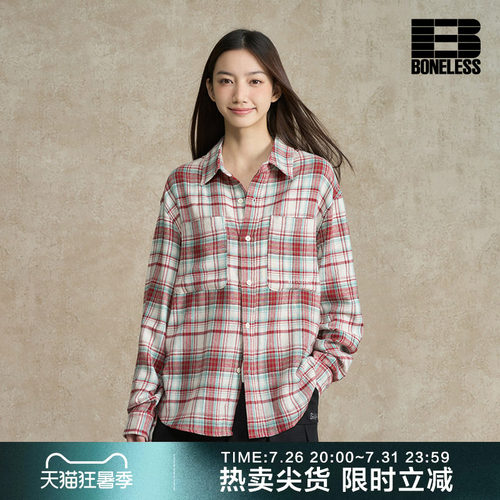 BONELESS撞色格纹衬衫刺绣logo复古宽松外套纯棉休闲格子上衣男女