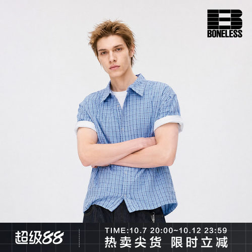 BONELESS可调节抽绳格纹短袖衬衫后幅金属LOGO标百搭时尚纯棉上衣