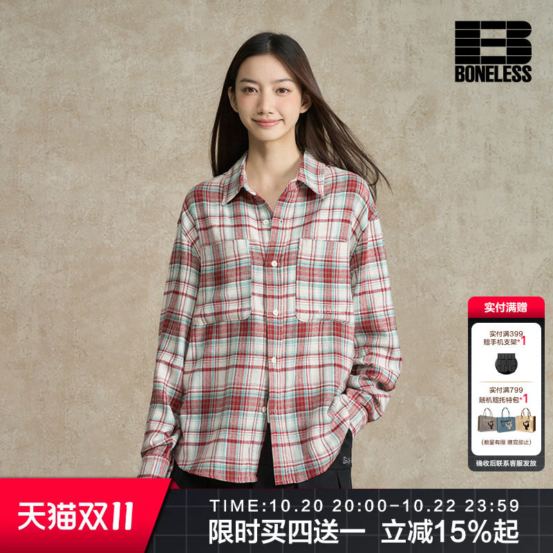 BONELESS撞色格纹衬衫刺绣logo复古宽松外套纯棉休闲格子上衣男女