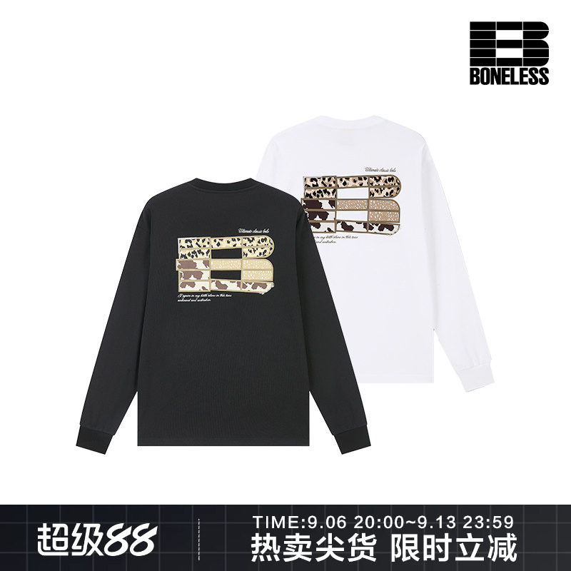 BONELESS豹纹网格B印花长袖T恤潮牌宽松软糯亲肤纯棉休闲圆领上衣图片