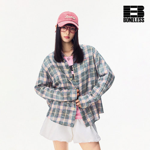 BONELESS做旧格纹刺绣logo复古长袖衬衫宽松百搭潮流衬衣外套男女