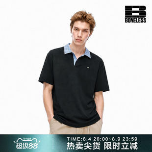 BONELESS格纹拼接短袖POLO衫前幅金属LOGO标复古街头潮牌休闲上衣