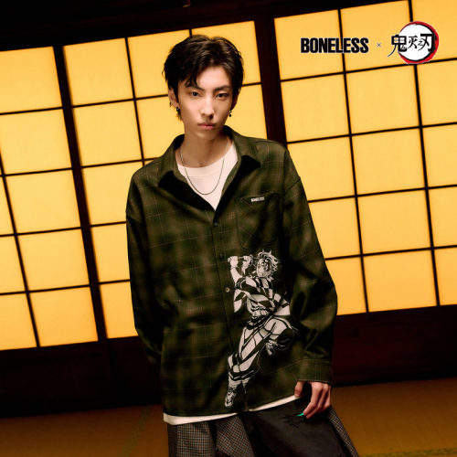 【鬼灭之刃联名款】BONELESS炭治郎印花格纹衬衫复古松弛百搭衬衣