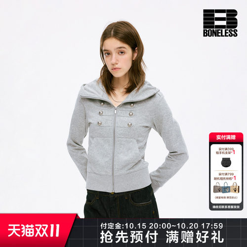 BONELESS双排金属扣拿破仑修身短款连帽卫衣外套透气舒适开衫上衣