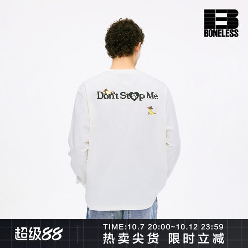 BONELESS换装小狗贴布绣章仔长袖T恤后背印花美式复古百搭上衣