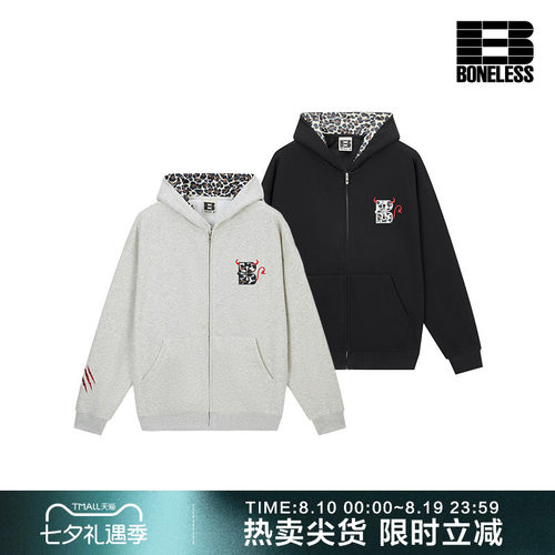 BONELESS小恶魔豹纹贴布绣拉链连帽针织外套宽松潮牌情侣开衫卫衣