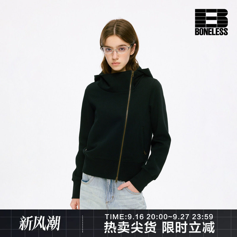 BONELESS斜拉链立体剪裁修身百搭连帽卫衣开衫秋季新款短款外套女图片