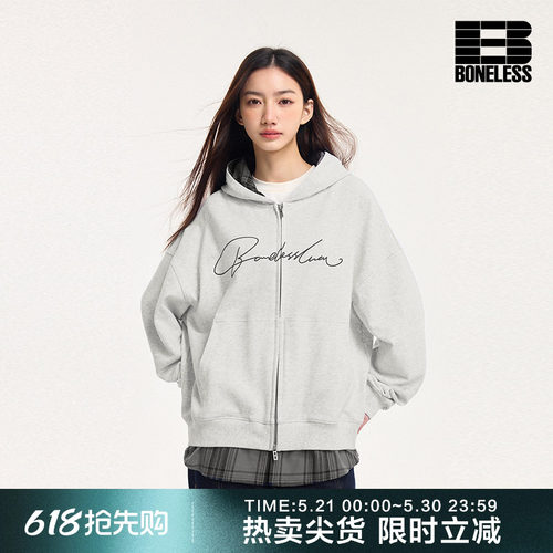 BONELESS春季草写logo假两件拼接格子连帽开衫卫衣外套男女上衣