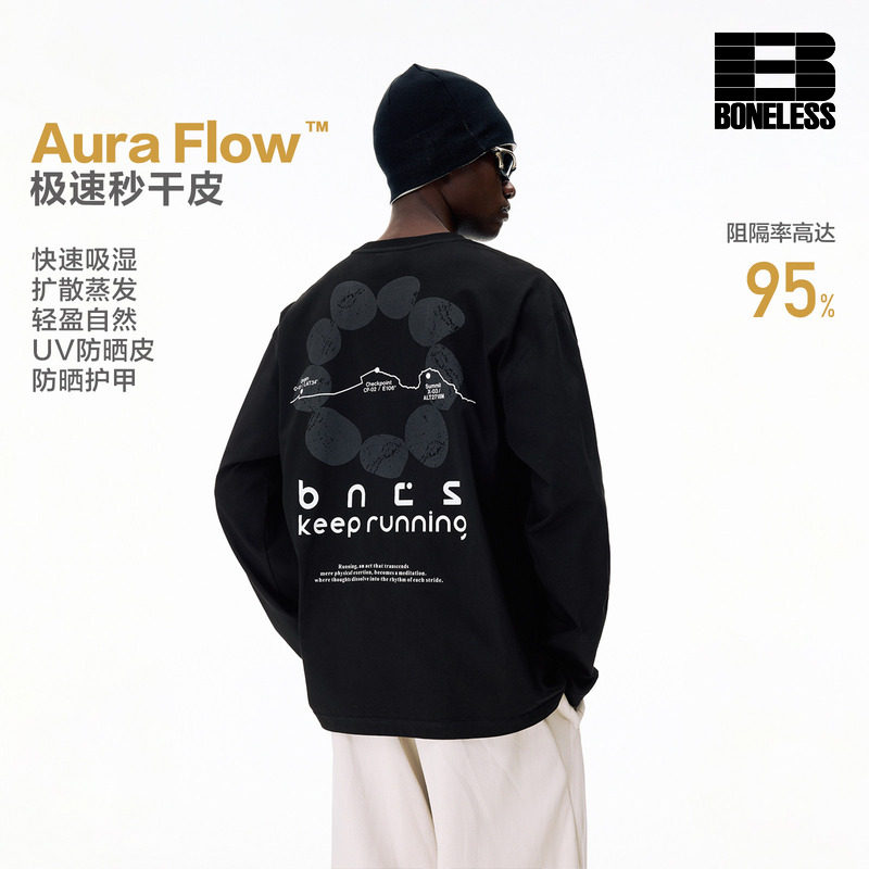 BONELESS索罗娜速干防晒运动印花宽松圆领长袖T恤百搭休闲上衣图片