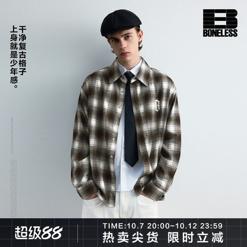 BONELESS经典复古格子长袖衬衫哥特印花宽松休闲cleanfit上衣