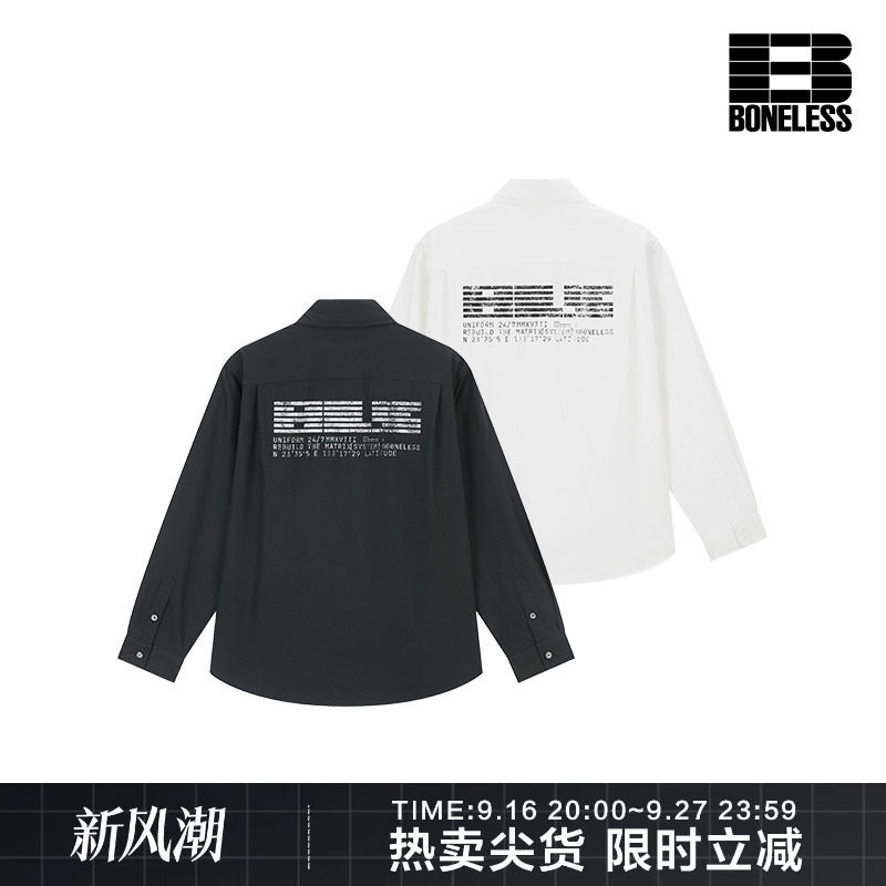 BONELESS做旧印花简约时尚翻领长袖衬衫日常通勤休闲显瘦衬衣外套图片
