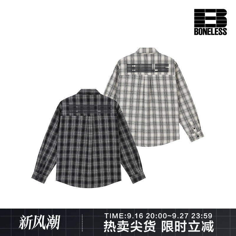 BONELESS美式复古格子长袖衬衫厚板印花挺括休闲通勤百搭开衫外套图片