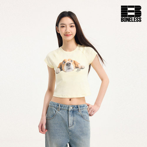 BONELESS修身小狗印花短袖夏短款趣味休闲显瘦圆领百搭辣妹T恤女