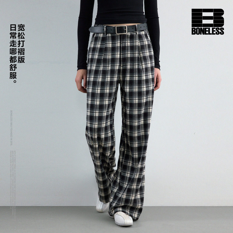 BONELESS黑白格纹宽松打褶休闲长裤显瘦百搭cleanfit高腰裤子图片