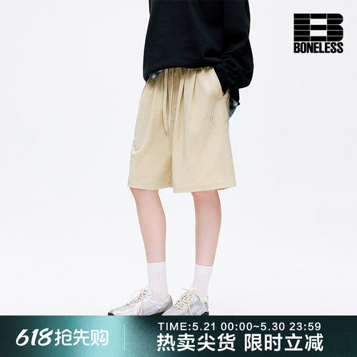 BONELESSLOGO绣花速干透气松紧抽绳腰头运动通勤A字阔腿休闲短裤
