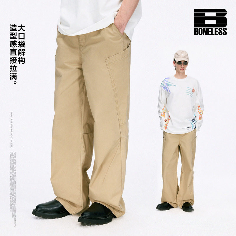 BONELESS解构分割大口袋洗水休闲长裤宽松复古纯棉打褶工装裤子图片