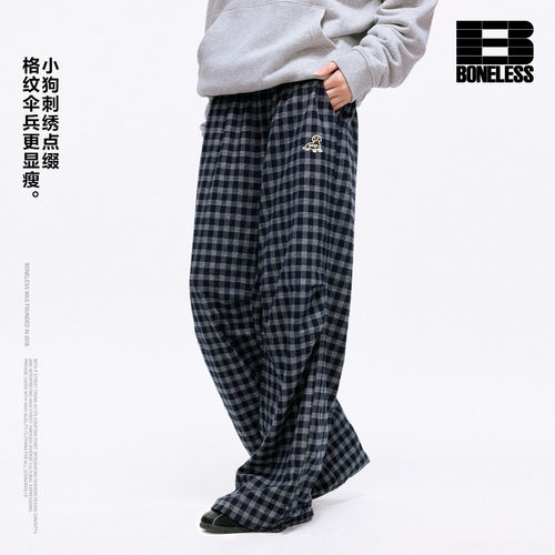 BONELESS小狗刺绣标格纹显瘦伞兵裤宽松抽绳百搭阔腿休闲裤长裤