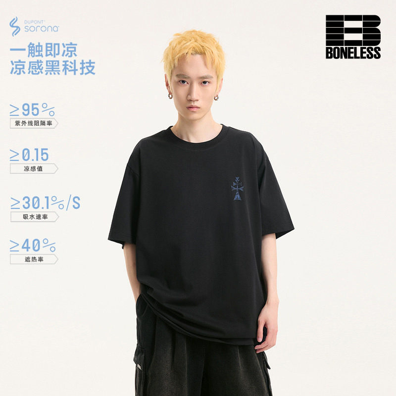BONELESS新款丝网印十字LOGO印花短袖夏简约百搭潮牌t恤男女图片