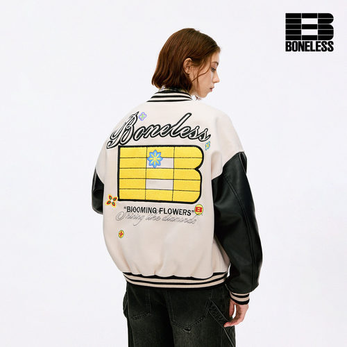 BONELESS美式复古趣味小花纹刺绣宽松棒球服宽松保暖秋冬夹克外套