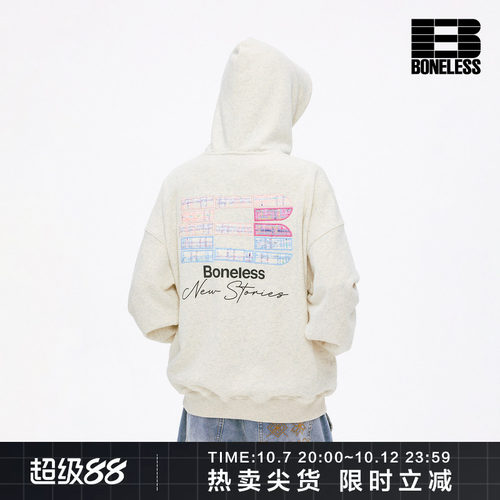 BONELESS撞色贴布绣LOGO印花连帽卫衣袋鼠口袋宽松休闲美式上衣
