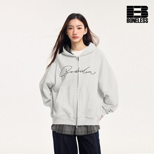 BONELESS春季草写logo假两件拼接格子连帽开衫卫衣外套男女上衣