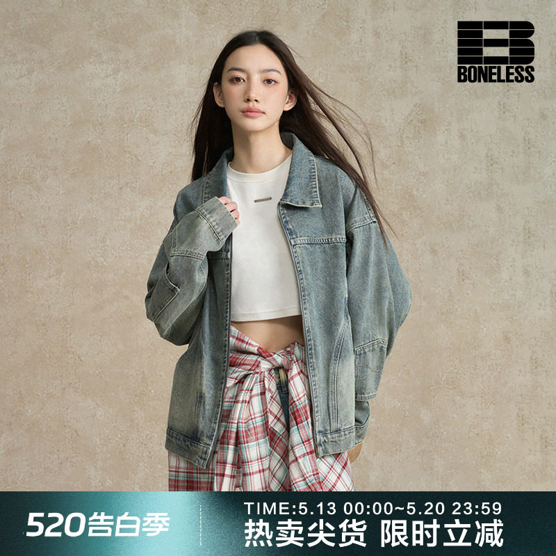 BONELESS水洗牛仔外套做旧复古设计感结构翻领夹克宽松街头上