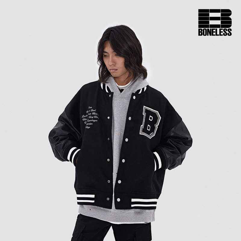 贴布刺绣羊毛拼接皮袖夹克棒球服图片