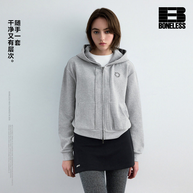 BONELESS结构拼接格子肌理开衫卫衣宽松刺绣短款cleanfit外套图片
