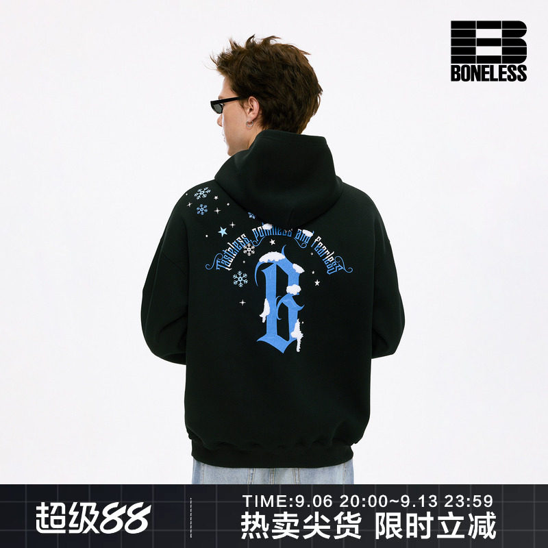 BONELESS保暖防风肌理立体绣花字母图案印花宽松秋季连帽卫衣帽衫