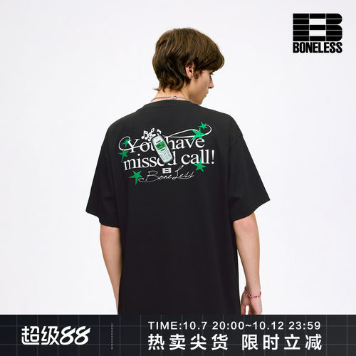 BONELESS小灵通手机魔术贴亲肤透气宽松休闲美式街头复古短袖T恤