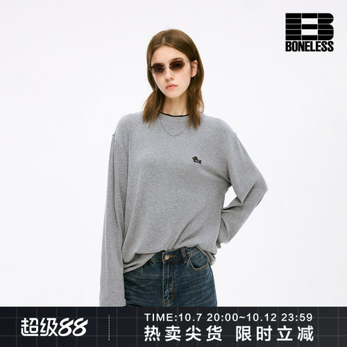 BONELESS奔跑小狗刺绣章仔垂感拼色上衣宽松顺滑亲肤圆领长袖T恤