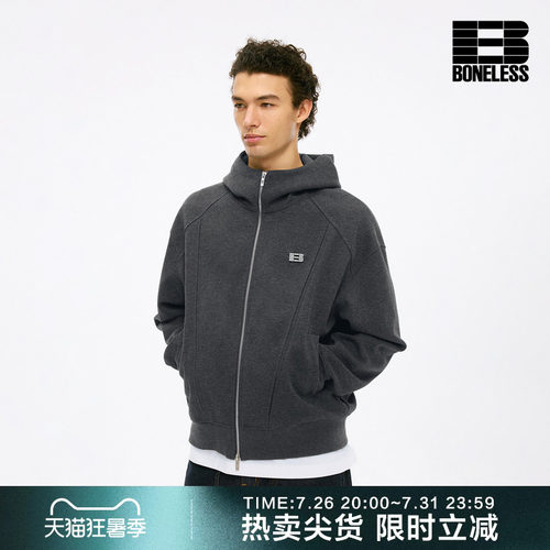 BONELESS解构分割拉链开衫连帽卫衣外套LOGO金属标宽松帽衫上衣