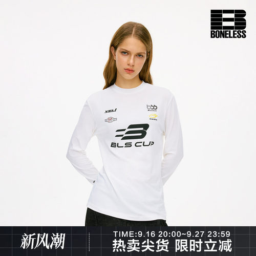 BONELESS速干吸湿COOLMAX字母排版印花小高领合身长袖T恤赛车上衣