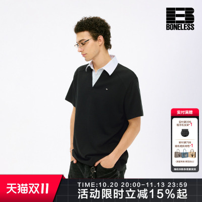 BONELESS手缝logo铁牌条纹假两件短袖宽松休闲复古百搭潮牌POLO衫